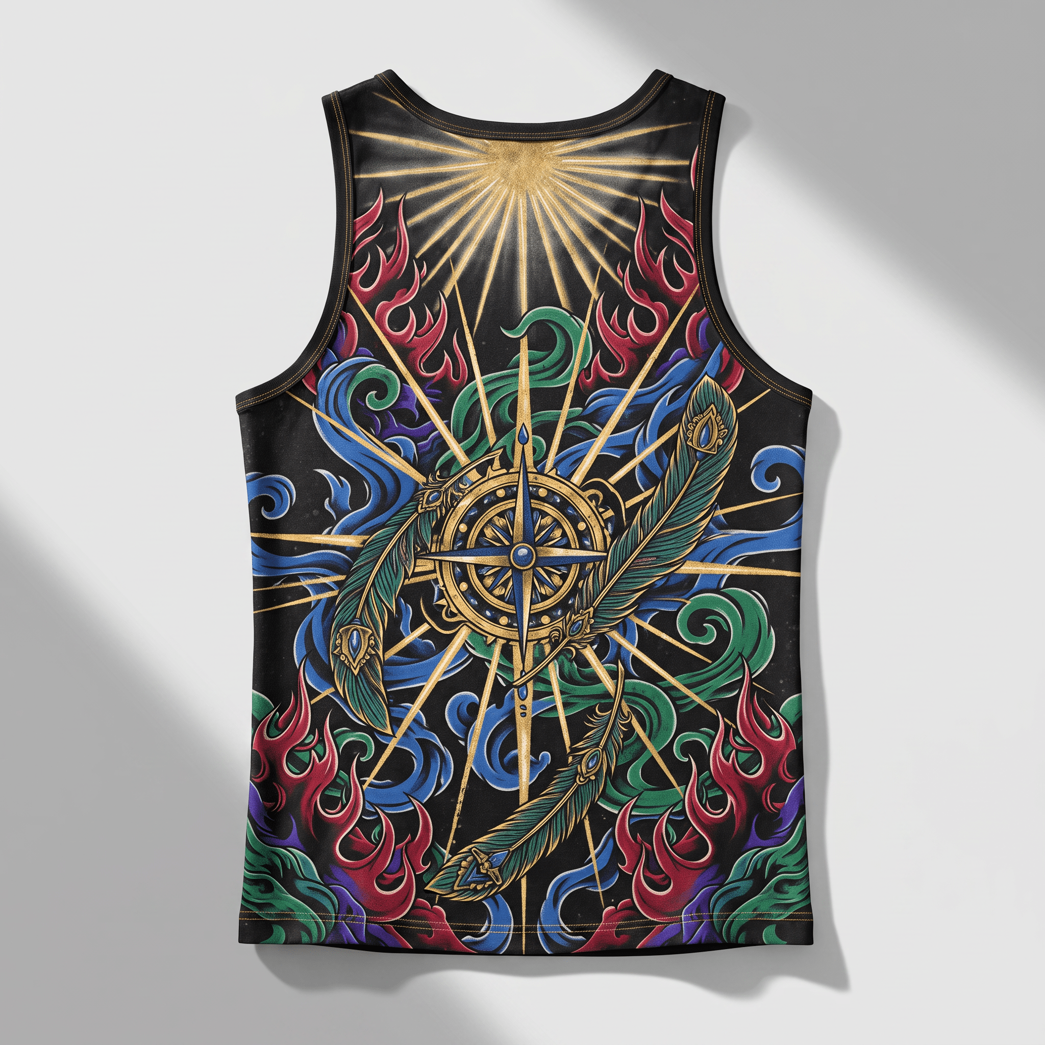 Back of a black tank top with a vibrant, detailed print of a golden compass, feathers, sunburst, and colorful flames.