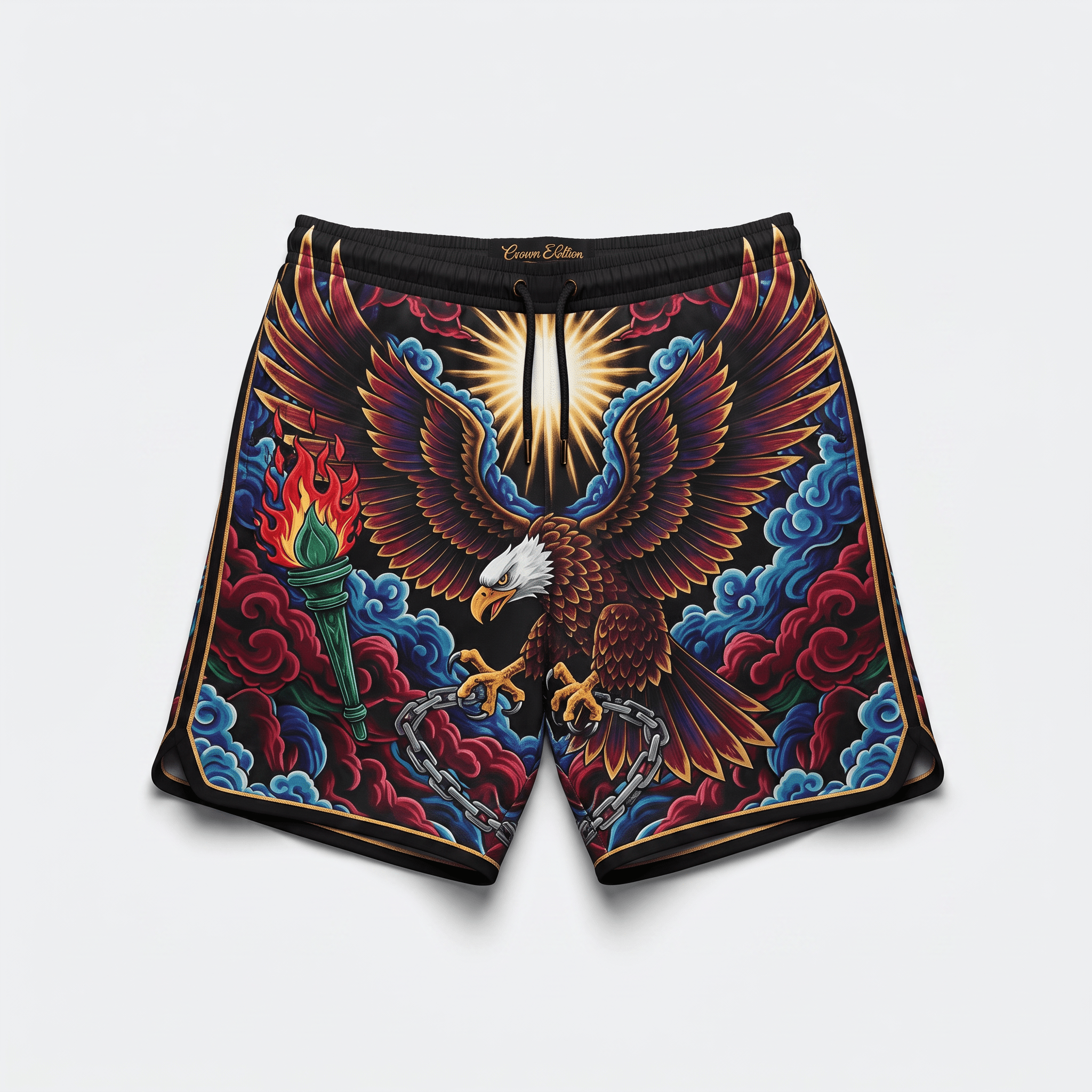 Black athletic shorts featuring a vibrant graphic of an eagle, torch, chains, and red and blue clouds.