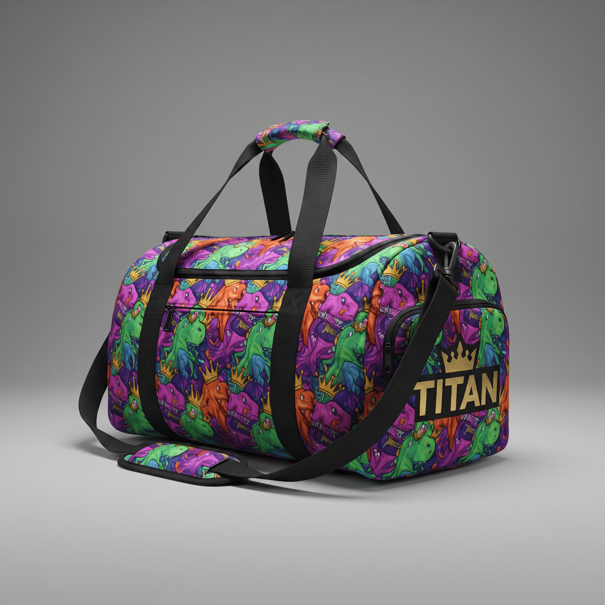 Colorful duffel bag featuring a vibrant dinosaur and crown pattern with black straps and the Titan logo.