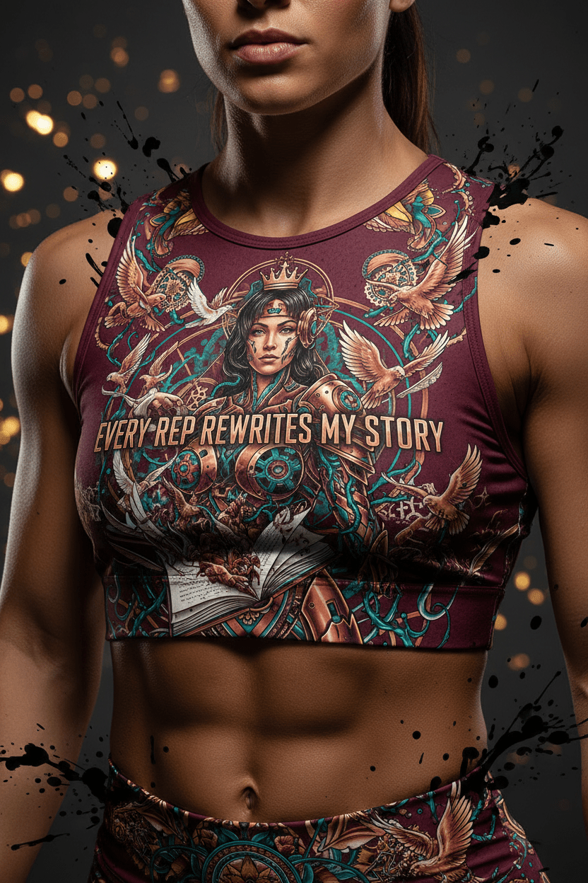 Burgundy sports bra featuring a warrior queen graphic, doves, and the motivational text "EVERY REP REWRITES MY STORY."