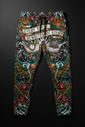 Titan Sport joggers featuring a gladiator lifting, rose accents, and "Every rep rewrites my story" text.