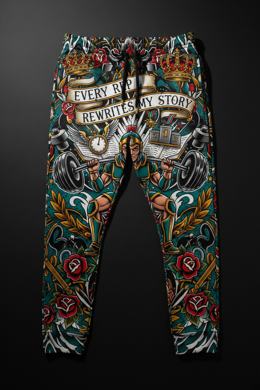 Titan Sport joggers featuring a gladiator lifting, rose accents, and "Every rep rewrites my story" text.