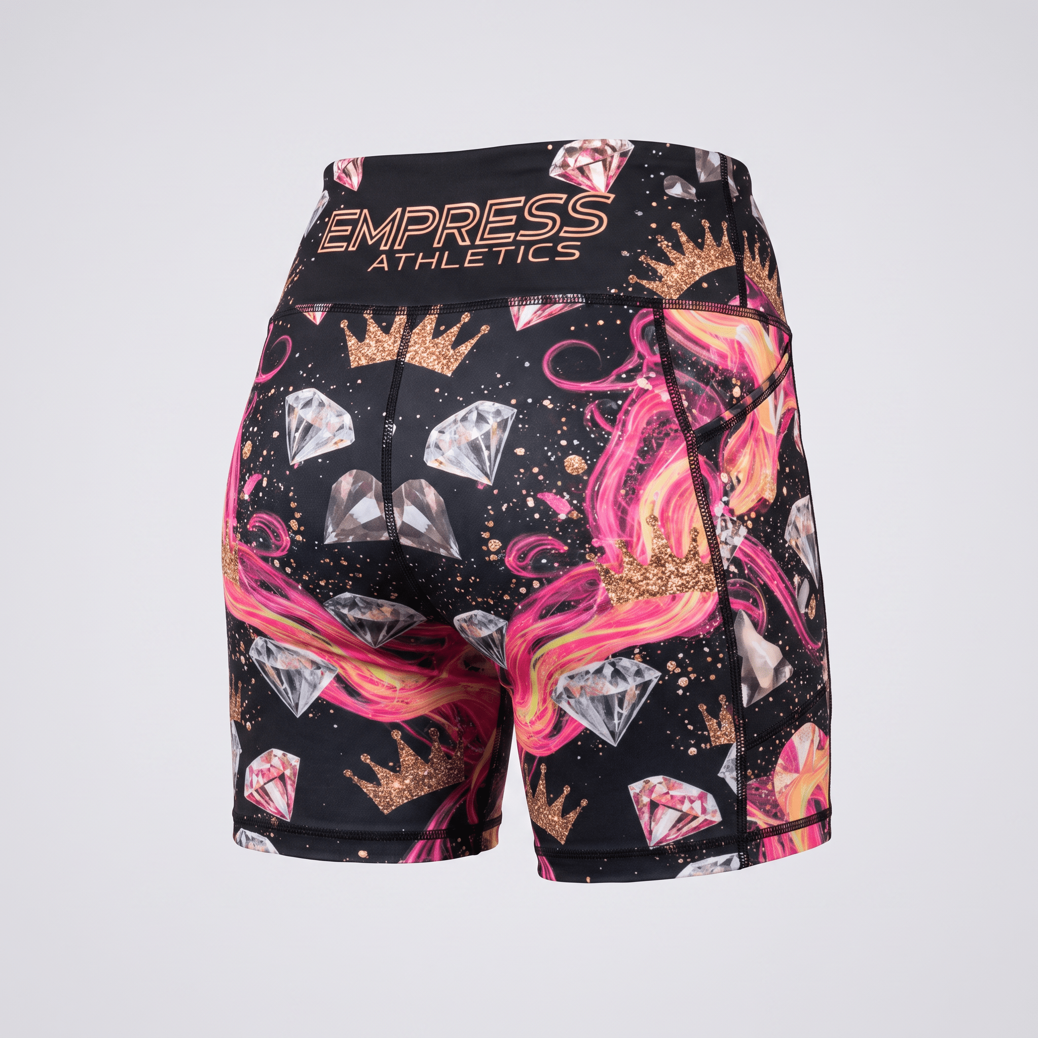 Empress Athletics black athletic shorts featuring a vibrant diamond, crown, and pink hair graphic print.