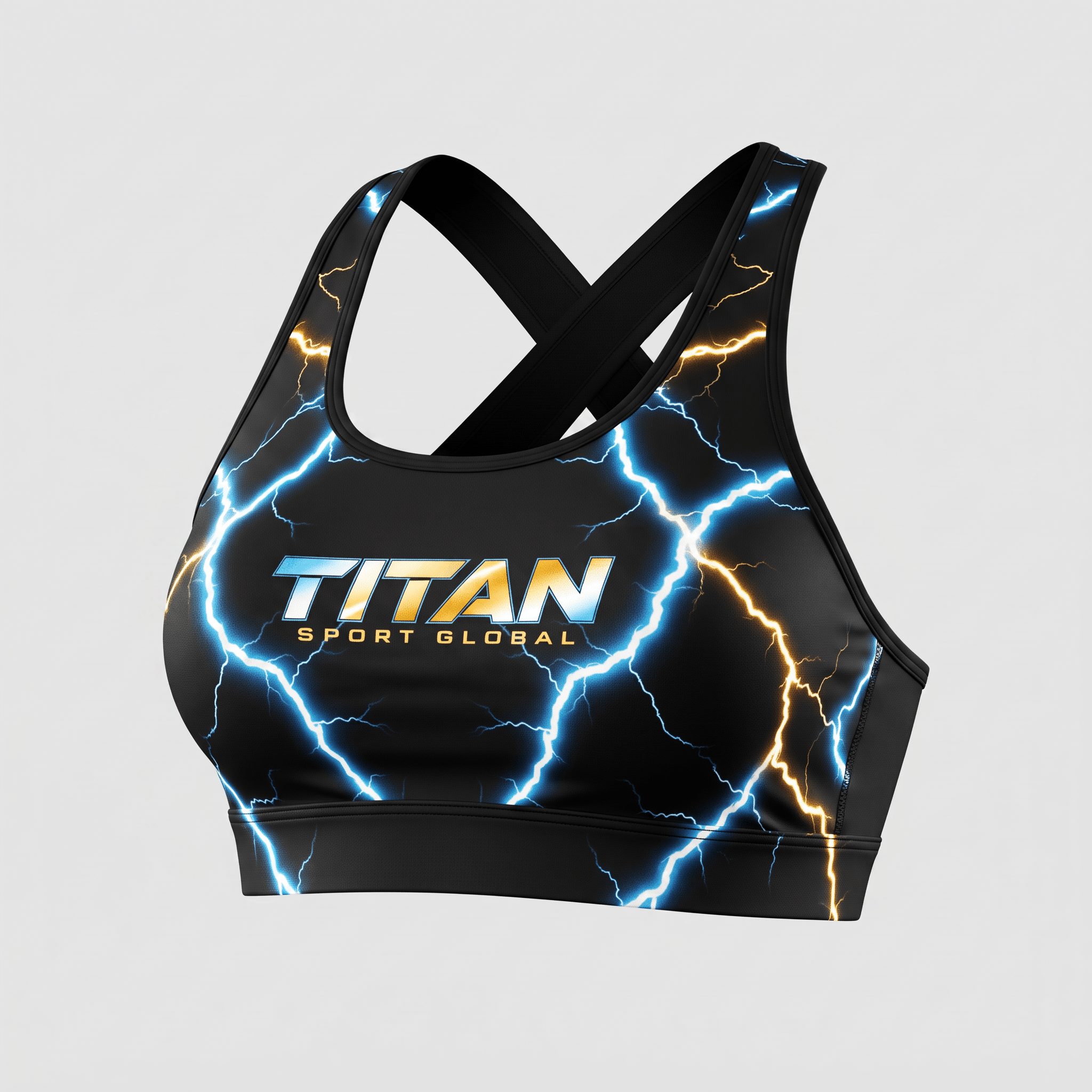 Black sports bra with blue and gold lightning bolt pattern and Titan Sport Global logo on the front.