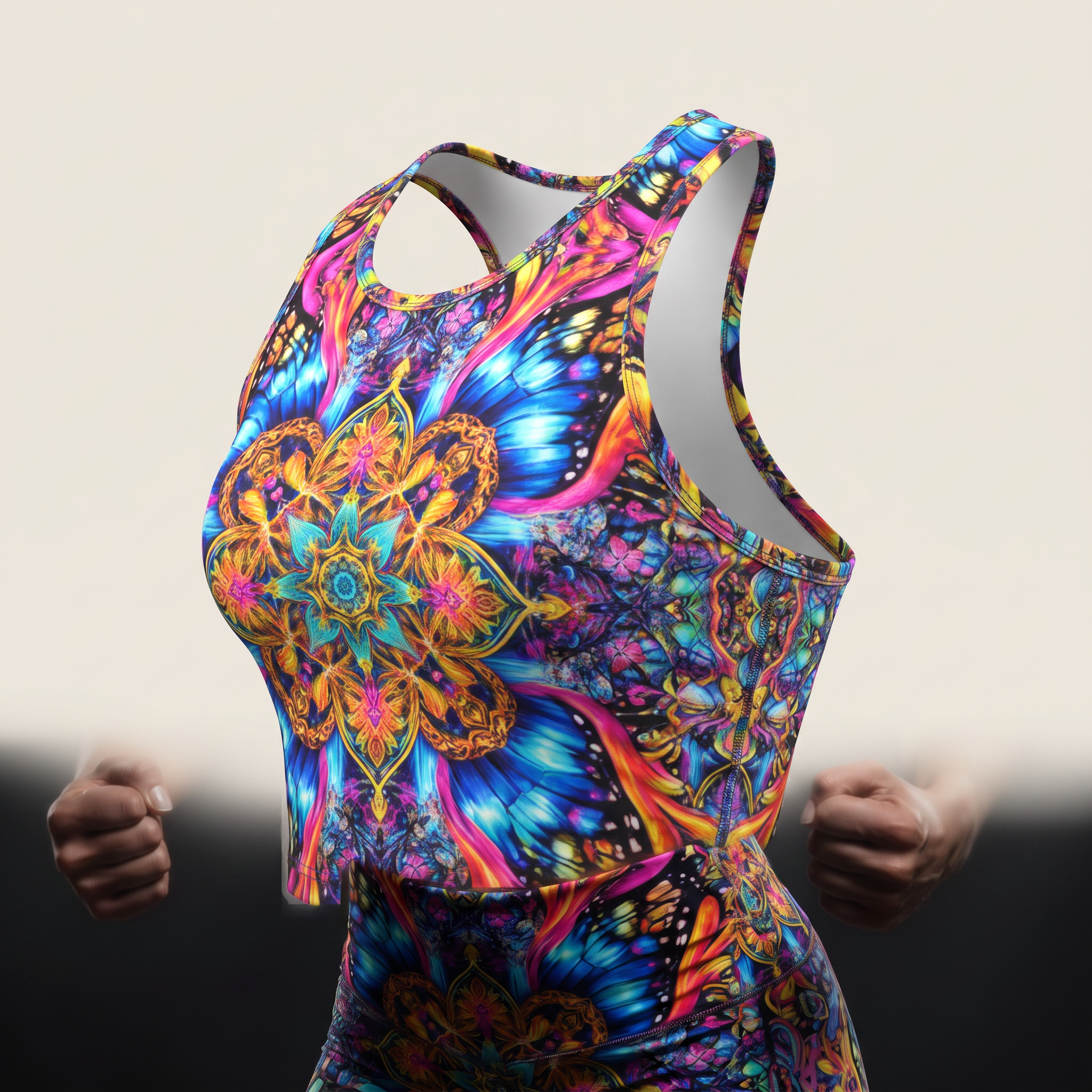 Colorful crop top and leggings set with vibrant butterfly and mandala art.