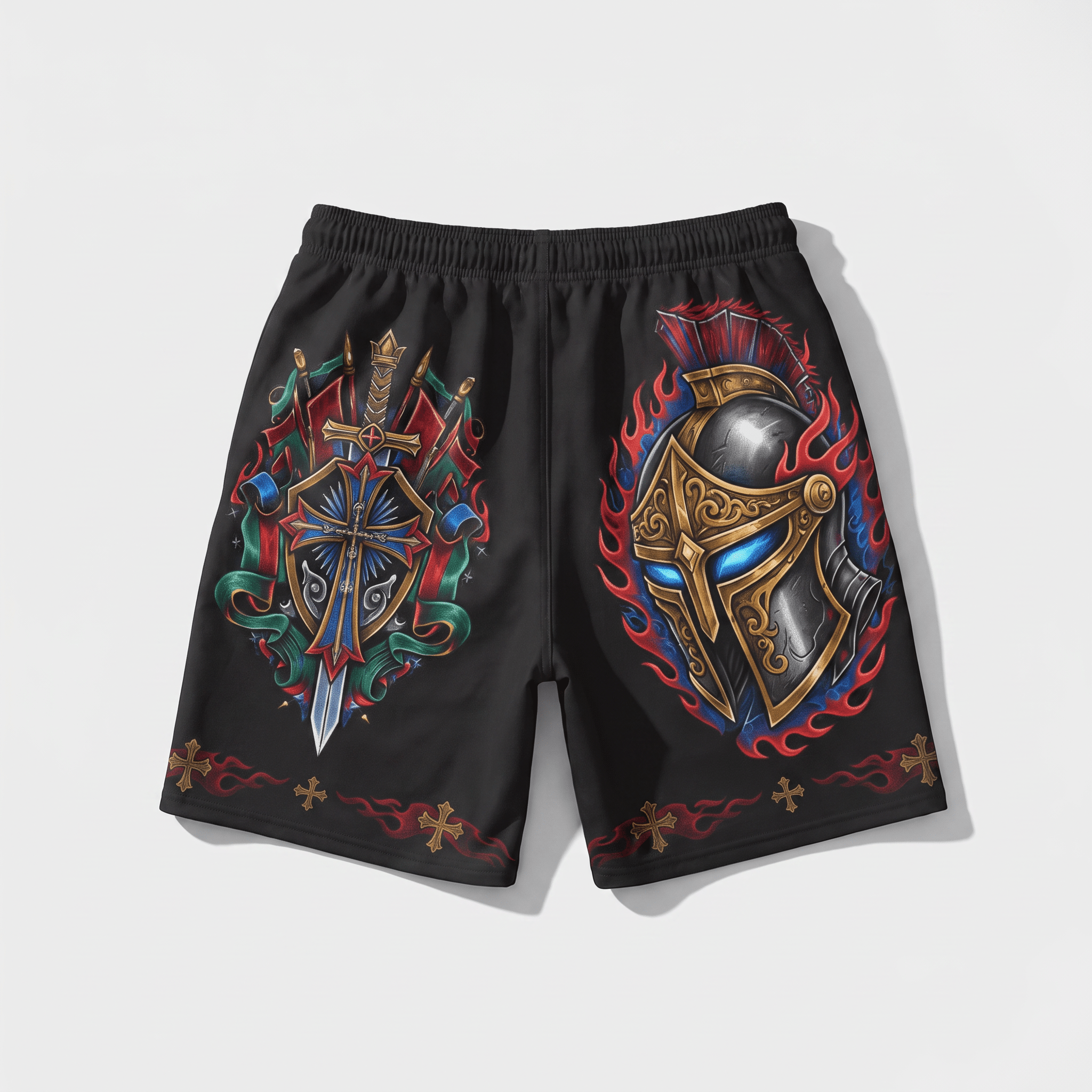 Black athletic shorts featuring a Spartan helmet, sword, and shield graphic print.