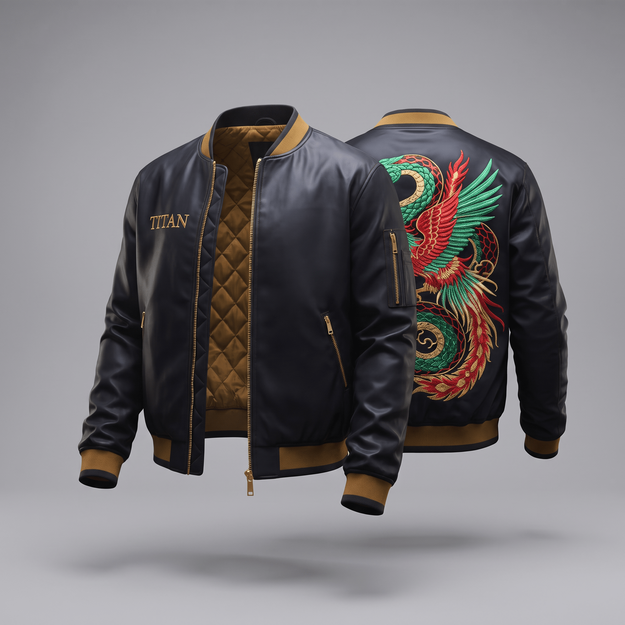 Black faux leather bomber jacket with Titan embroidery, gold hardware, and colorful back graphic.