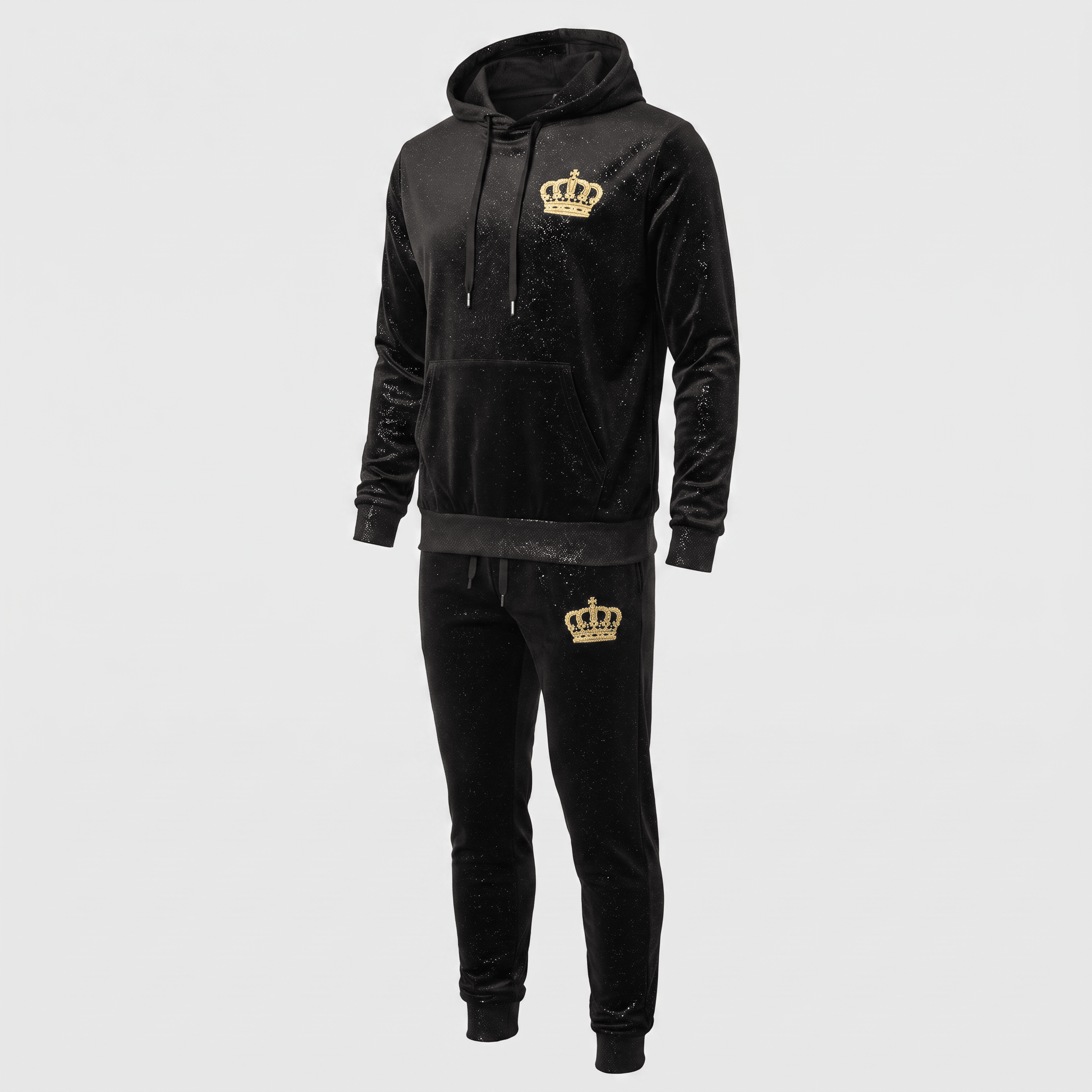 Black glitter velour tracksuit with gold crown logo on hoodie and matching joggers.