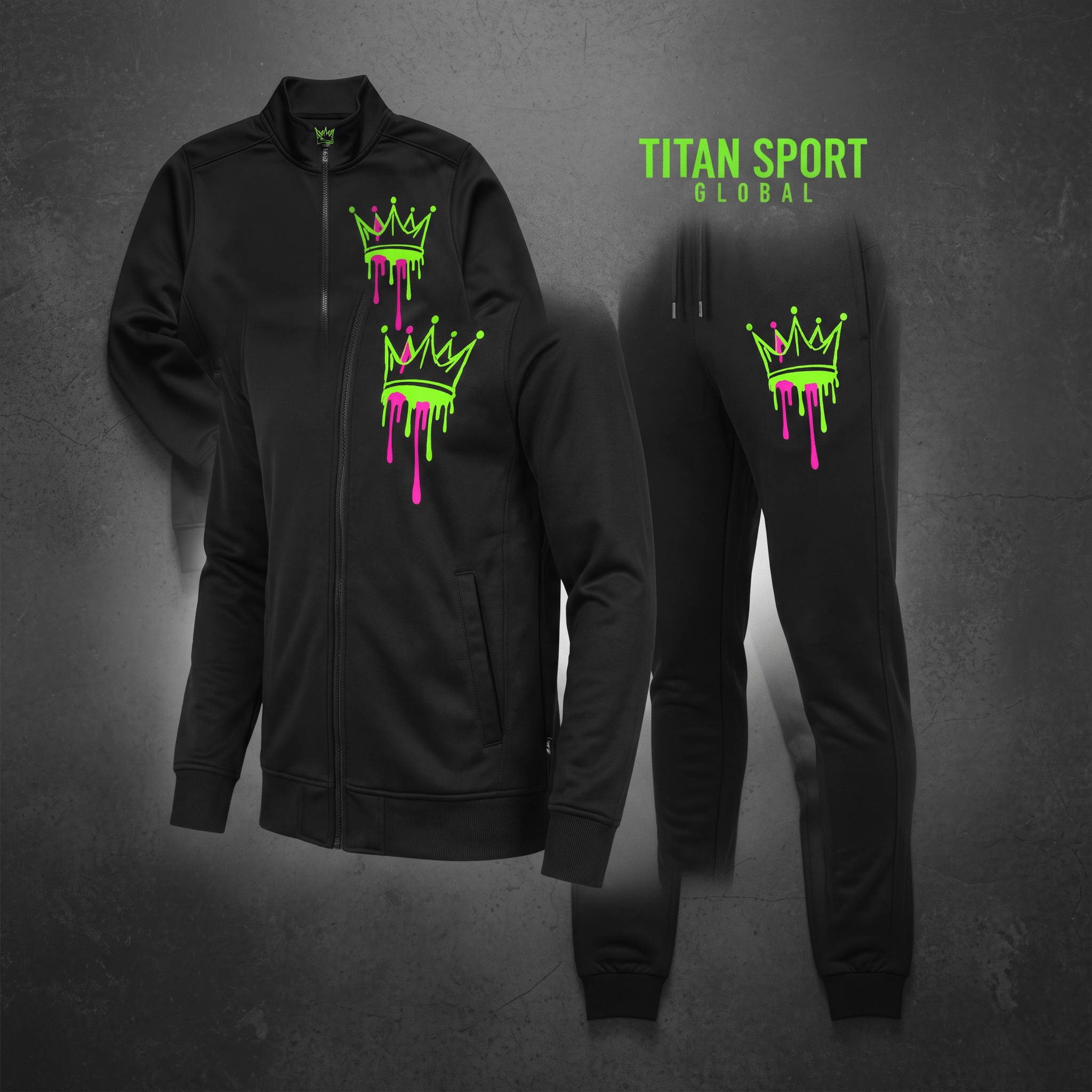 Black track suit with neon green and pink dripping crown graphics on jacket and joggers.