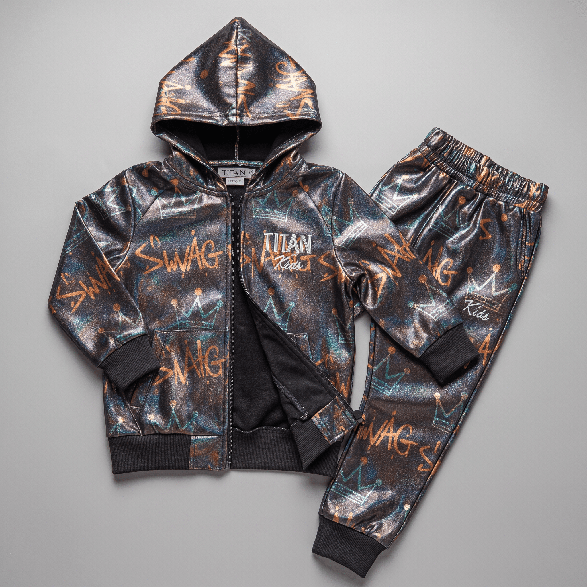 Kids metallic graffiti print zip-up hoodie and joggers set in black and copper.