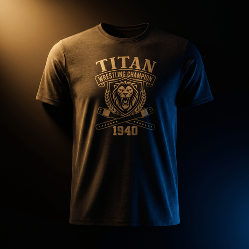 Charcoal gray t-shirt with gold graphic of a lion, "Titan Wrestling Champion" text, and the year 1940.