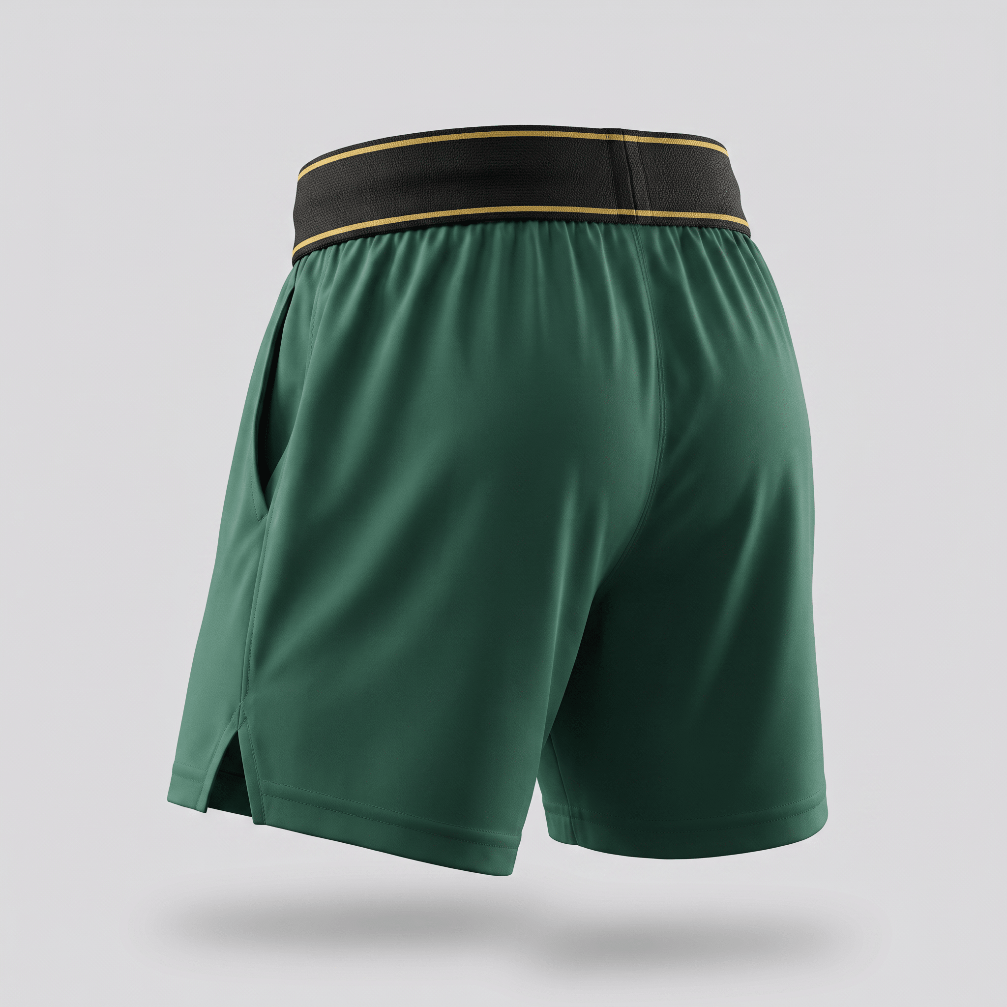 Rear view of green athletic shorts with a black and gold striped elastic waistband on a light gray background.