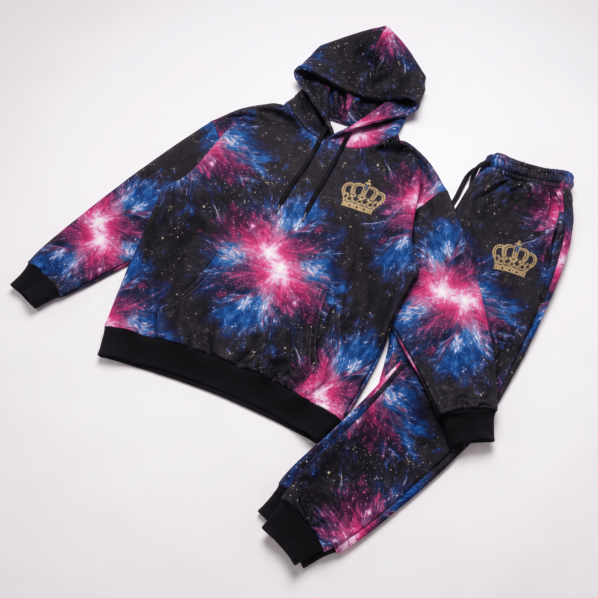 Black hoodie and sweatpants set featuring a vibrant pink and blue galaxy nebula print and gold crown logos.