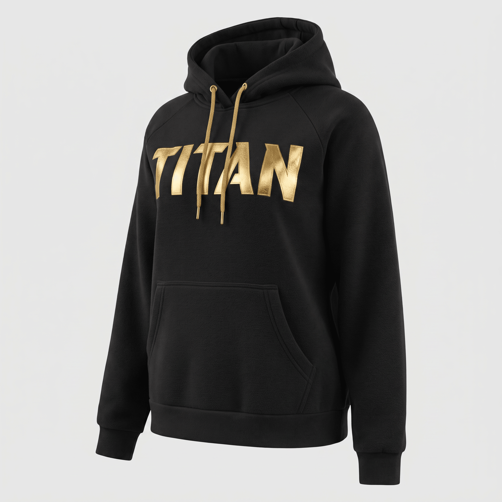 Black pullover hoodie with gold metallic Titan lettering across the chest and matching gold drawstrings.