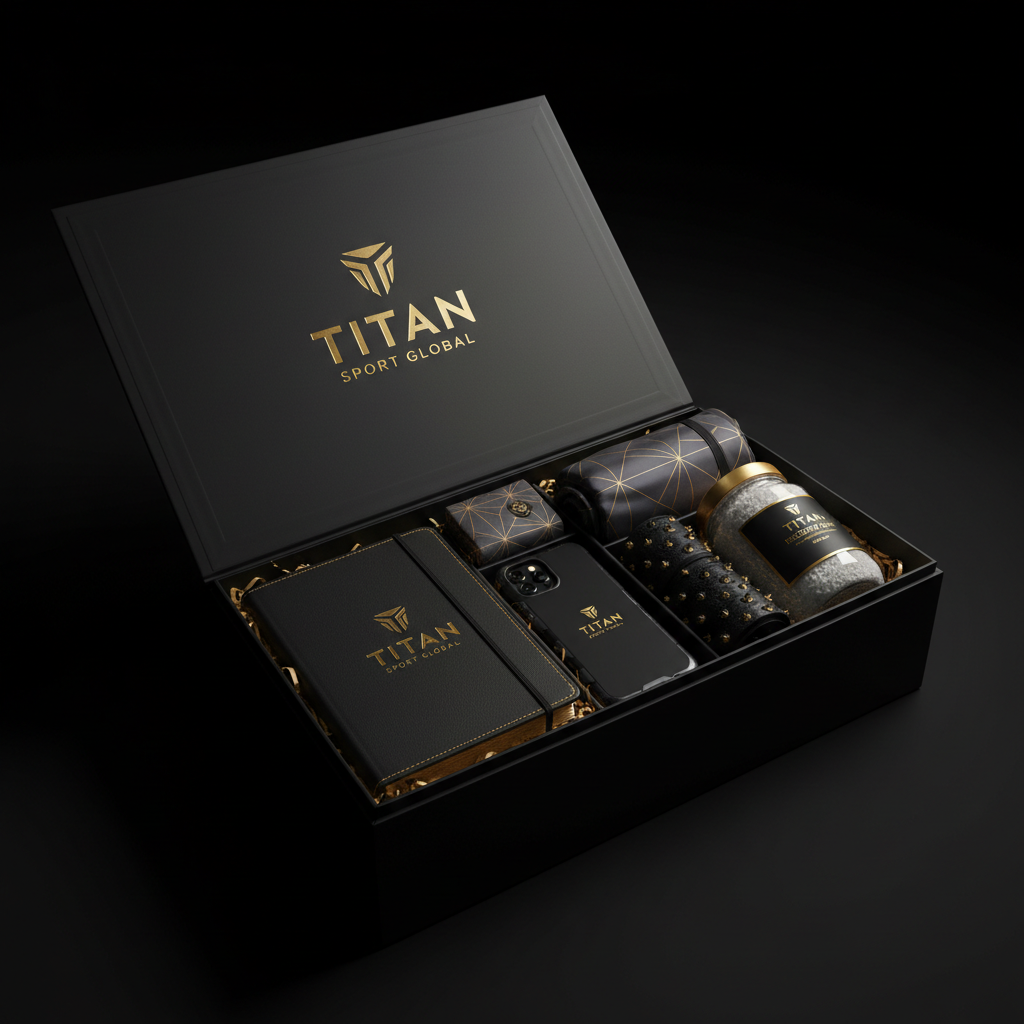 Black gift box with gold TITAN logo containing a leather journal, phone case, geometric accessories, and a glass jar.