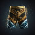 Black TITAN board shorts featuring a gold phoenix, fire, and blue ocean waves with a gold branded waistband.
