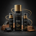 TITAN 3-piece skincare set in matte black bottles with gold caps, featuring charcoal and cedarwood accents.