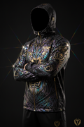 Titan Electric Blue Lion hoodie featuring gold accents, zip-up front, and detailed tribal patterns on a black base.