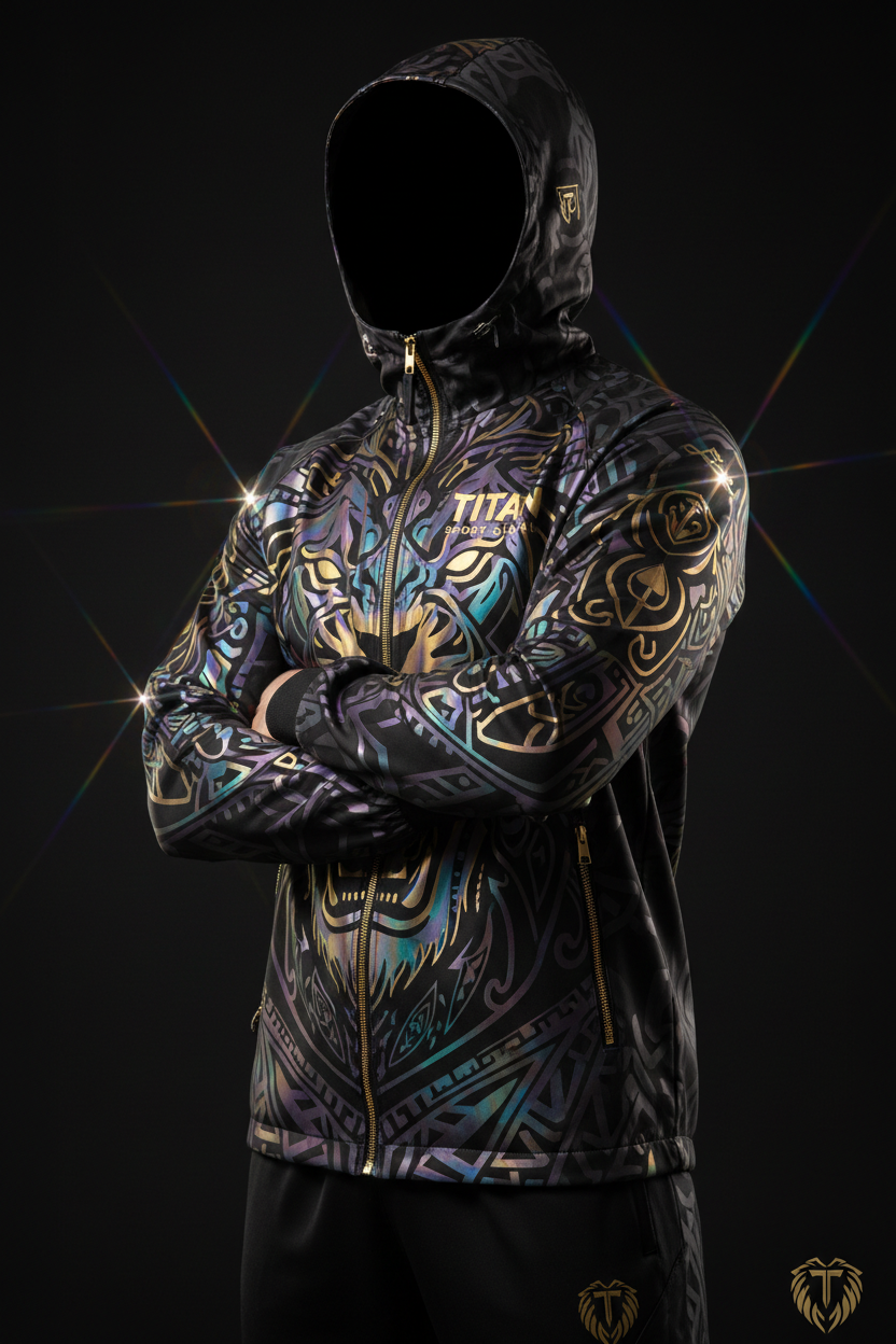 Titan Electric Blue Lion hoodie featuring gold accents, zip-up front, and detailed tribal patterns on a black base.