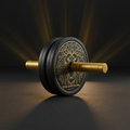 Black ab roller with gold lion mandala design, gold handles, and Titan Sport Global logo on a dark, spotlighted stage.
