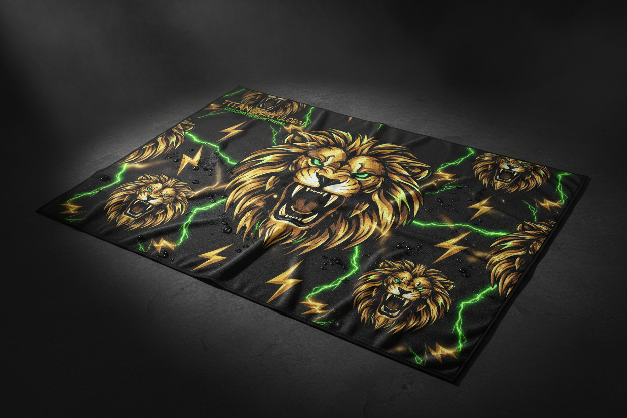 Black cooling towel with gold lion heads, neon green lightning bolts, and Titan Sport Global logo.