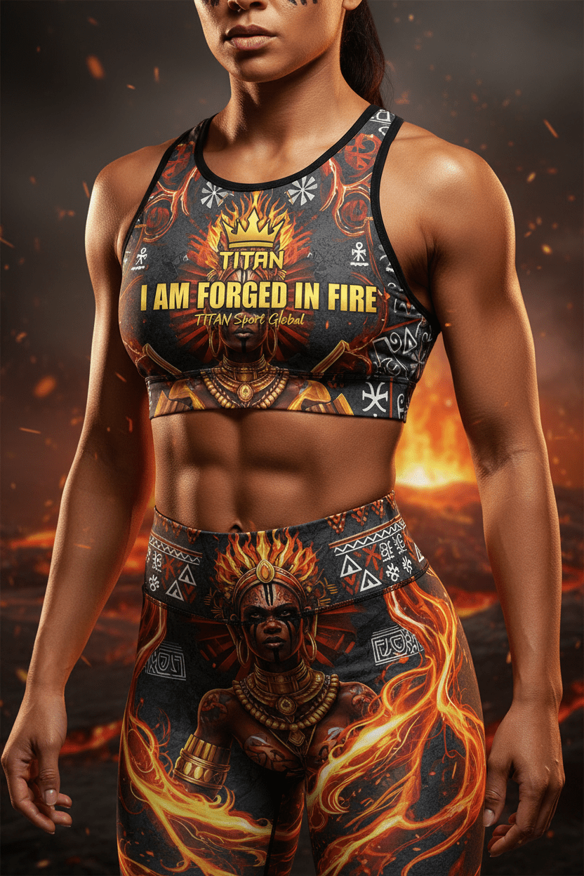 Titan Sport Global sports bra and leggings set featuring a fiery goddess graphic and "I Am Forged In Fire" text.