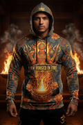 A Titan Sport hoodie featuring a divine figure, fire graphics, and the motivational text "I AM FORGED IN FIRE."
