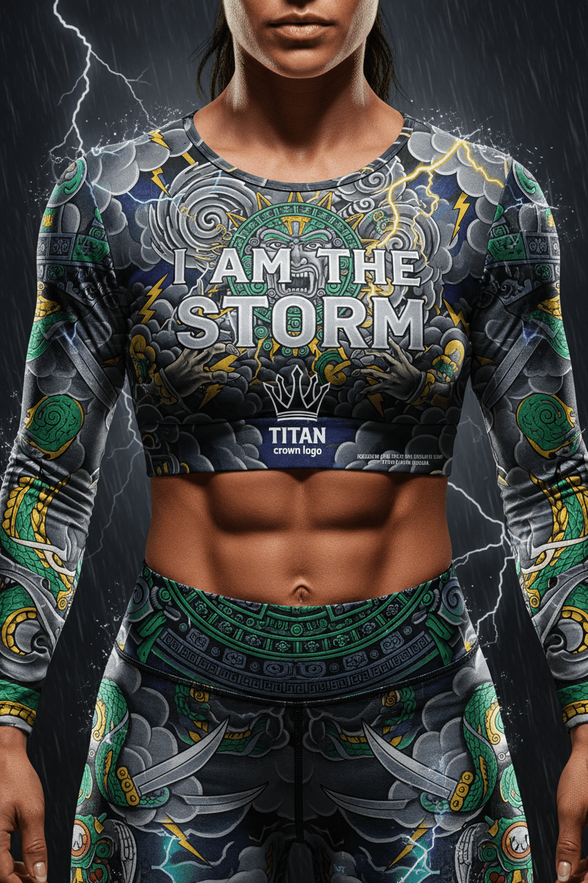 Titan Sport long-sleeve crop top with storm graphic, Aztec-style deity, and "I AM THE STORM" motivational text.