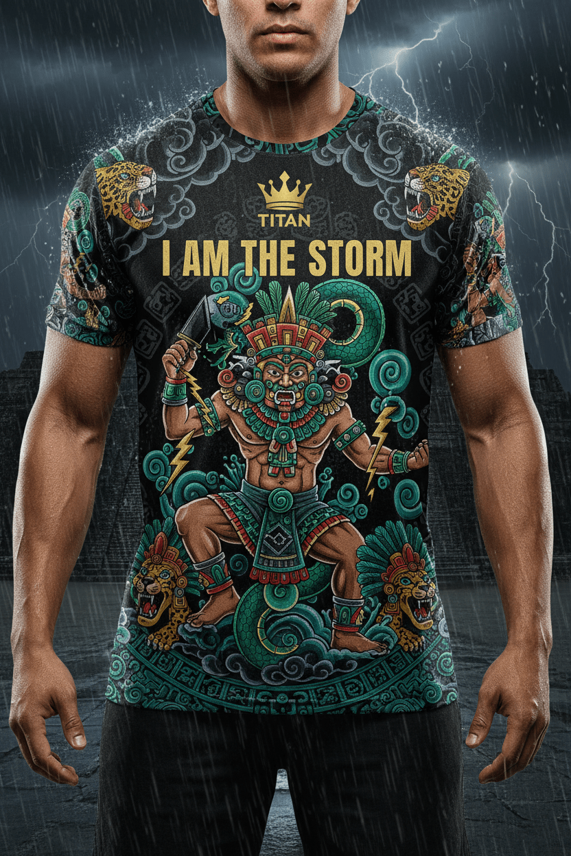 Titan Sport t-shirt featuring an Aztec warrior, jaguar heads, and "I AM THE STORM" text in a powerful graphic design.