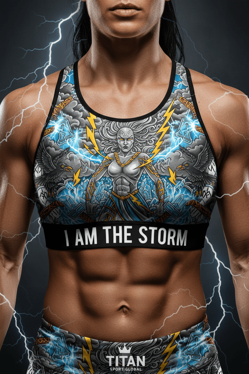 Titan Sport Global sports bra with Norse storm goddess print and "I AM THE STORM" text on a black elastic band.