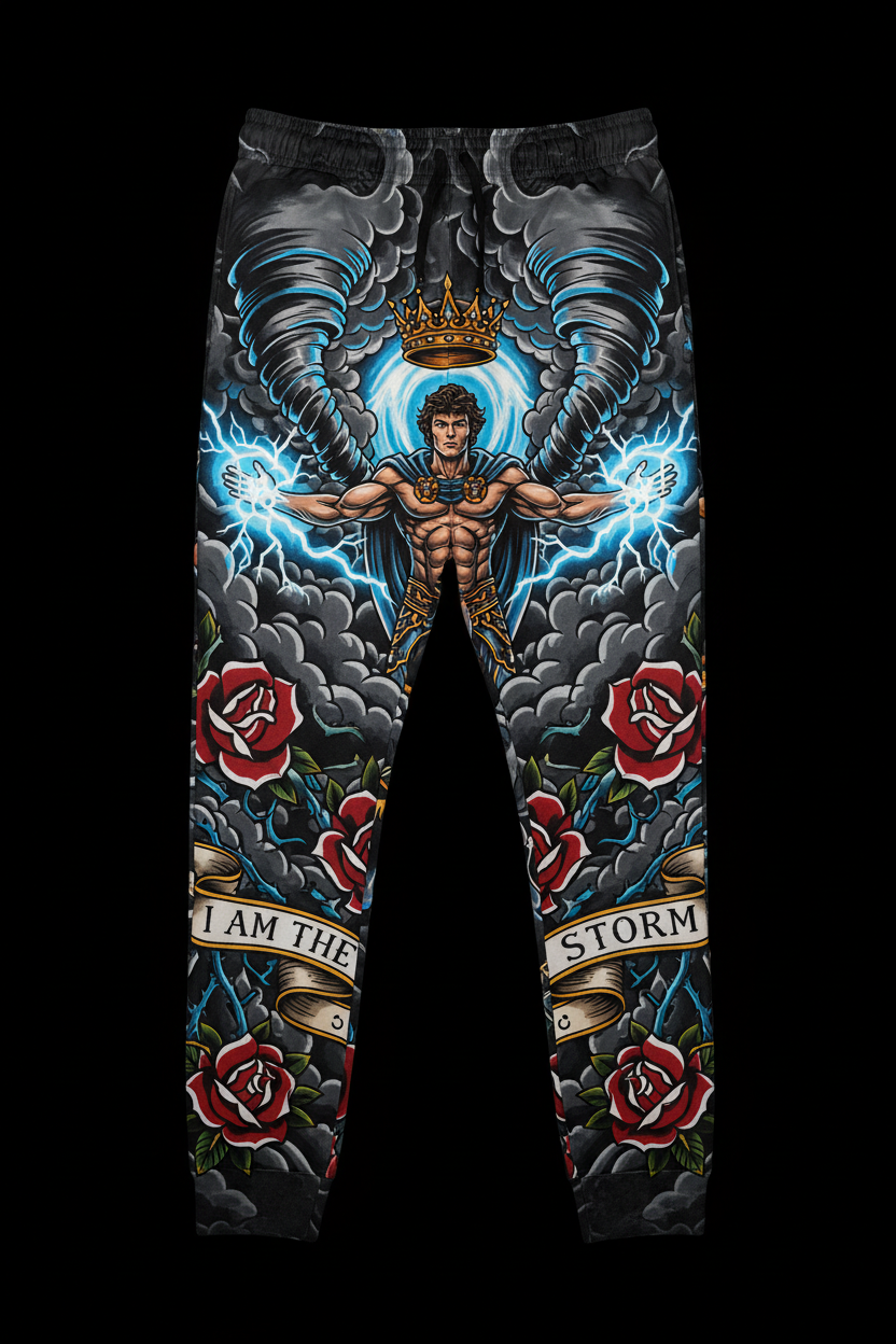 Titan Sport joggers featuring a storm god graphic with roses and the motivational quote "I AM THE STORM."
