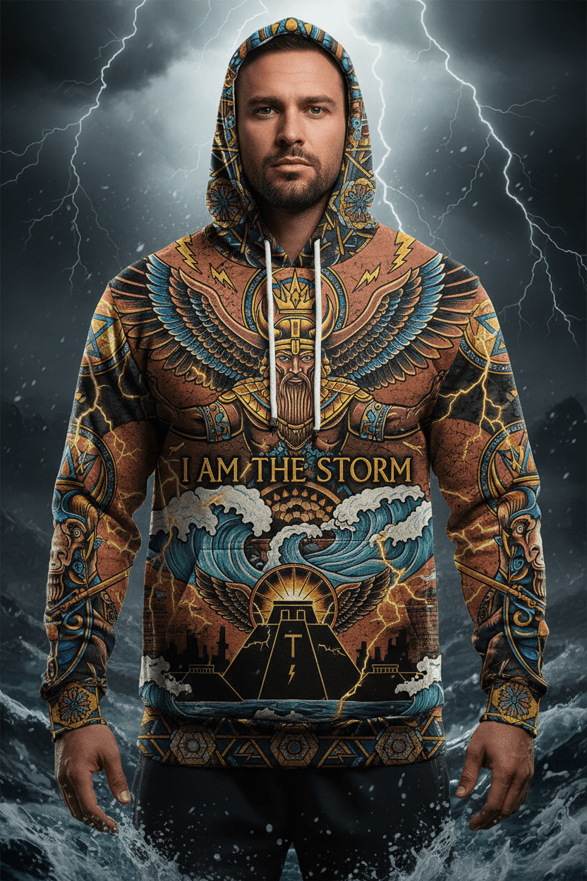 Titan Sport hoodie featuring a winged warrior graphic, ocean waves, and the motivational text "I AM THE STORM."