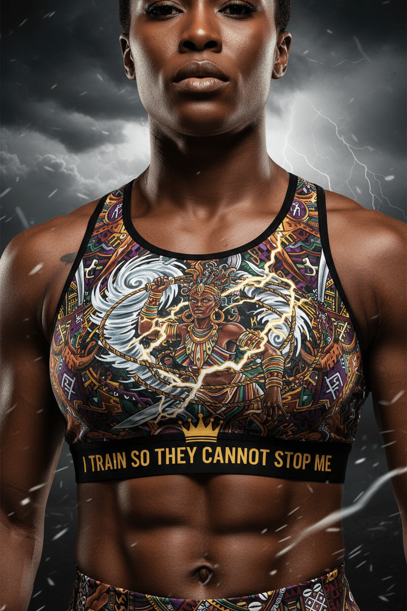 Titan Sport sports bra featuring a warrior queen print and the motivational text: "I TRAIN SO THEY CANNOT STOP ME."