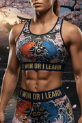 Titan Sport sports bra and leggings with koi, lotus, and "I WIN OR I LEARN" text on a dark backdrop.