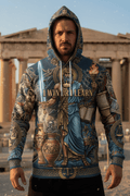 Titan Sport Global hoodie featuring Greek warrior art, torch, sword, and the motivational quote "I WIN OR I LEARN."