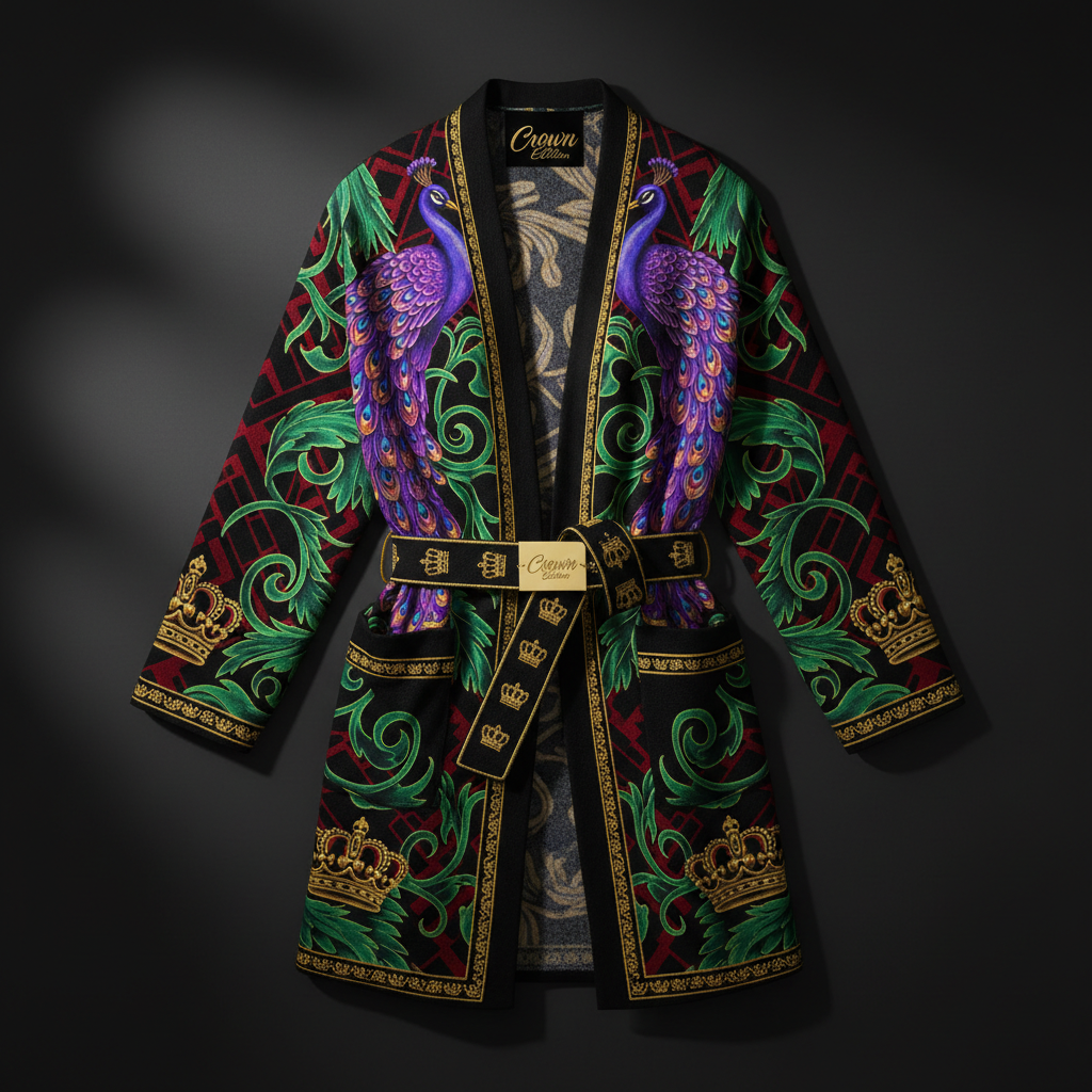 TITAN Crown Edition Tattoo Art Women's Belted Lounge Cardigan - bold peacock vine tattoo artwork on matte black ribbed knit