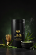 TITAN Matcha Protein Powder Ceremonial Grade — serene Japanese tea ceremony canister with bamboo whisk, ceramic matcha bowl, jade green powder and bamboo leaves