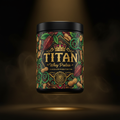 TITAN Whey Protein Chocolate Peanut Butter container with cocoa pods, peanut vines and crown tattoo-style Crown Edition artwork in chocolate brown, gold and crimson