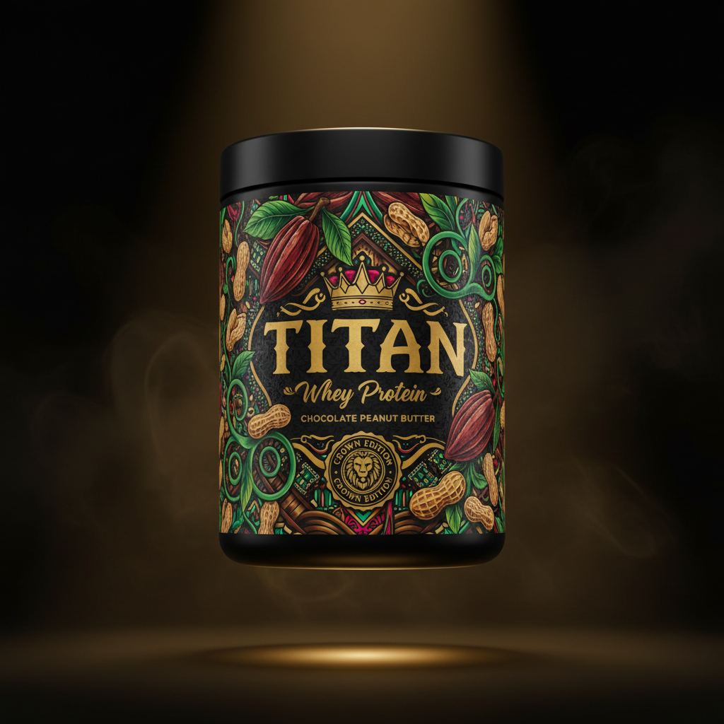 TITAN Whey Protein Chocolate Peanut Butter container with cocoa pods, peanut vines and crown tattoo-style Crown Edition artwork in chocolate brown, gold and crimson