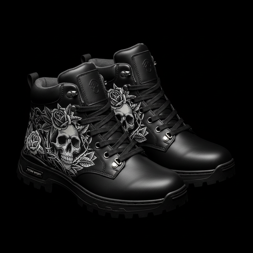 TITAN Hiking Boot — Skull & Roses Pitch Black Tattoo Edition