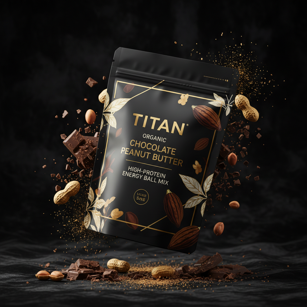 TITAN Organic High-Protein Energy Ball Mix Chocolate Peanut Butter — ultra-premium luxury editorial product shot
