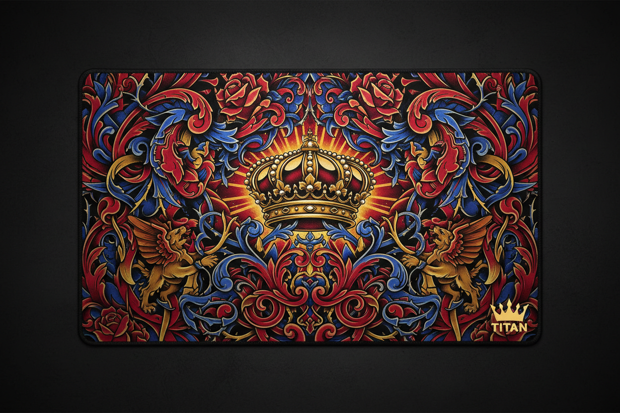TITAN Printed Mousepad — Oversized XL with bold tattoo-style crown artwork in crimson and royal blue