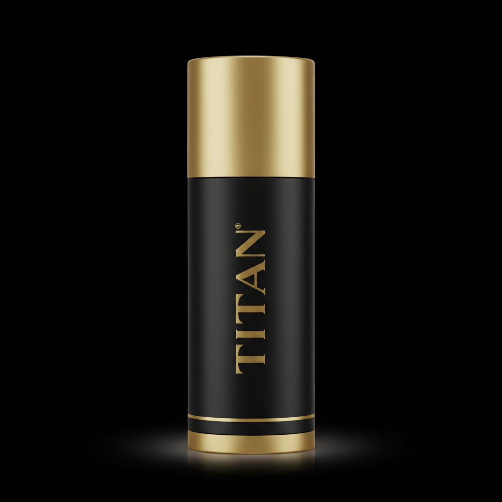 Matte black TITAN deodorant stick with a gold cap, base, and vertical gold logo branding against a black background.
