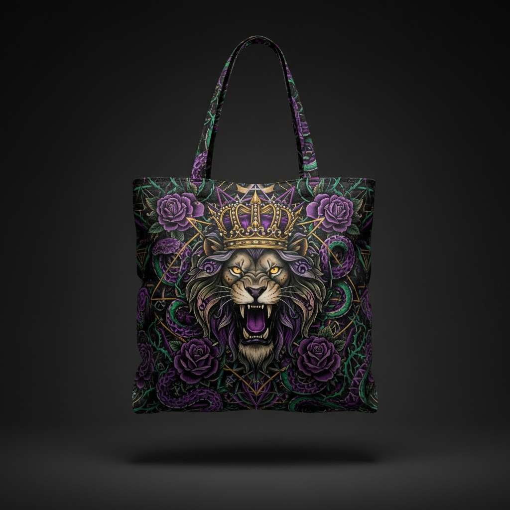 TITAN Printed Tote Bag Large — Lion Crown tattoo-style artwork in purple and emerald green