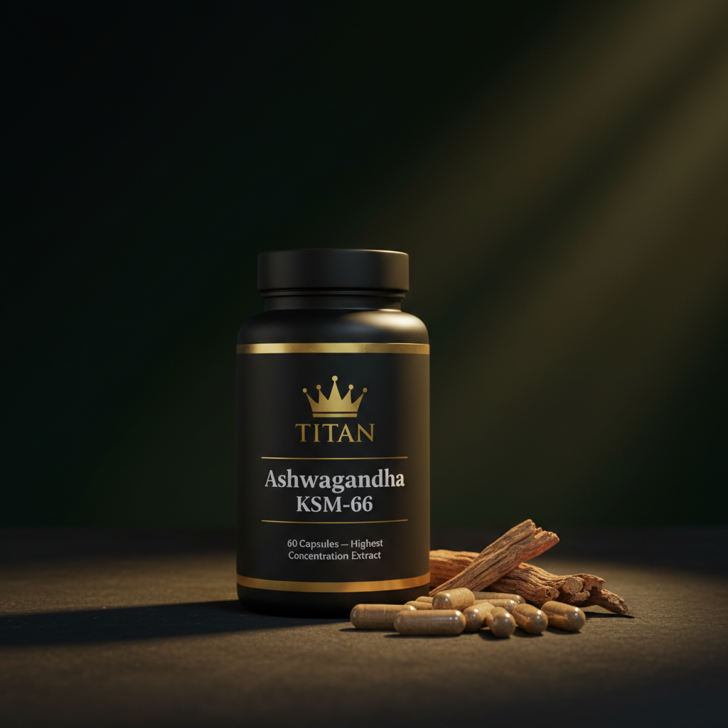 TITAN Ashwagandha KSM-66 Capsules — Matte black bottle with gold crown logo, capsules and ashwagandha root