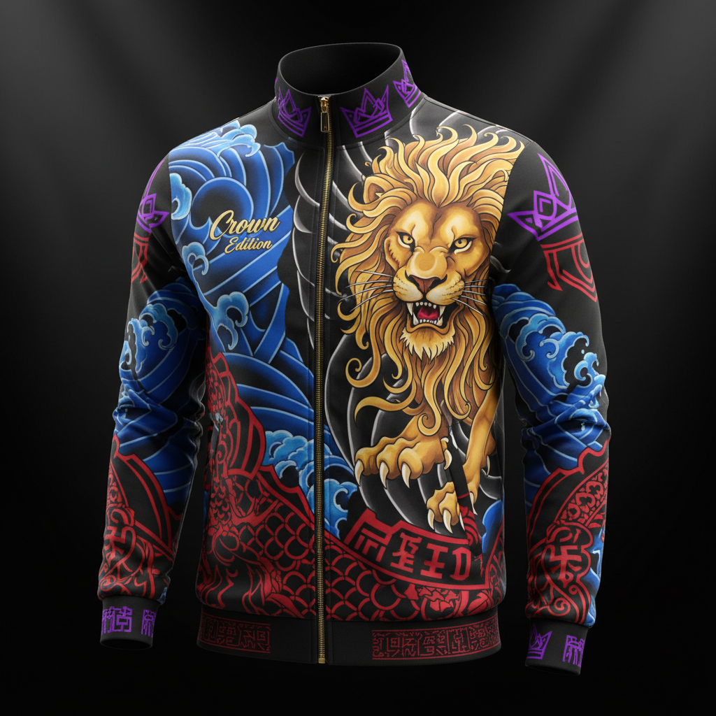TITAN Crown Edition Tattoo Art Men's Lounge Track Jacket - bold colorful tattoo artwork on matte black performance fabric