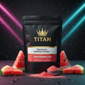 TITAN Electrolyte Hydration Powder Watermelon — Matte black bag with gold crown, pink powder and fresh watermelon slices