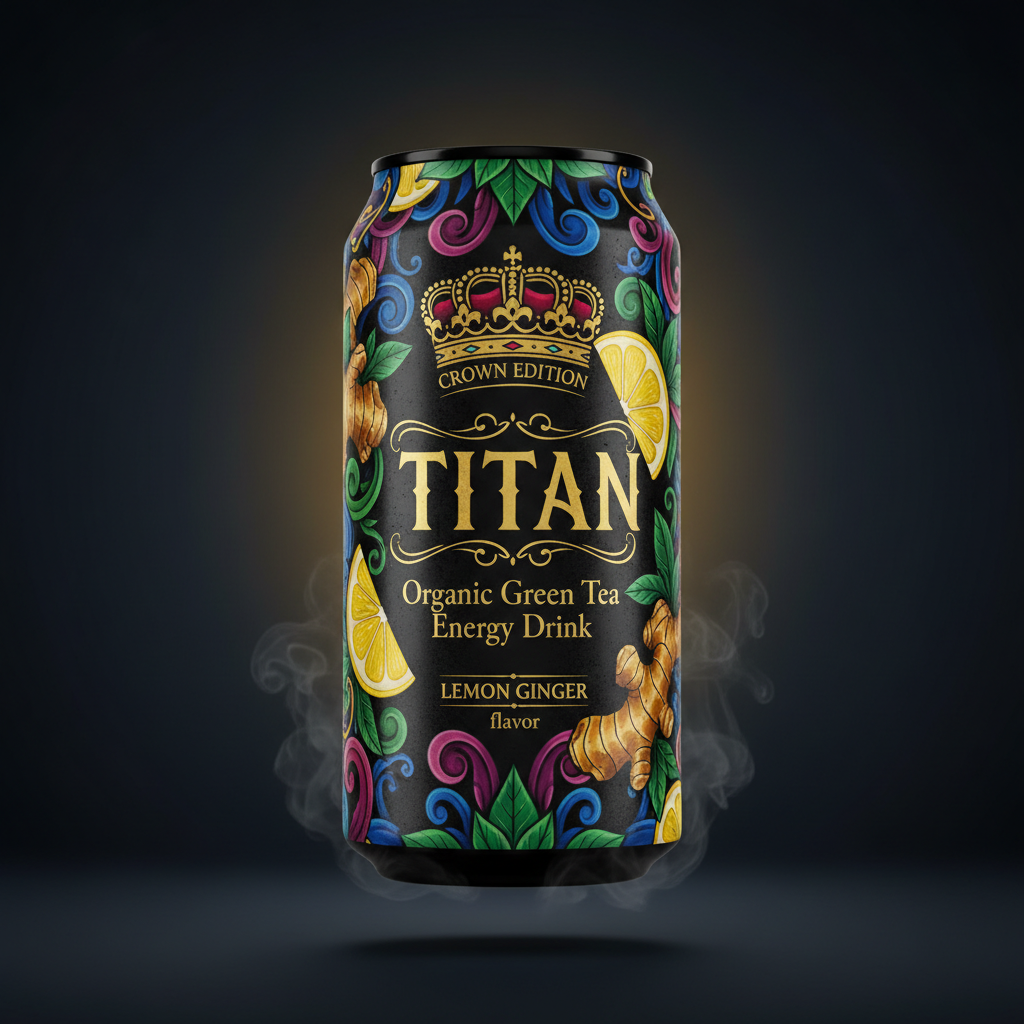 TITAN Organic Green Tea Energy Drink — Lemon Ginger, Crown Edition tattoo-style artwork