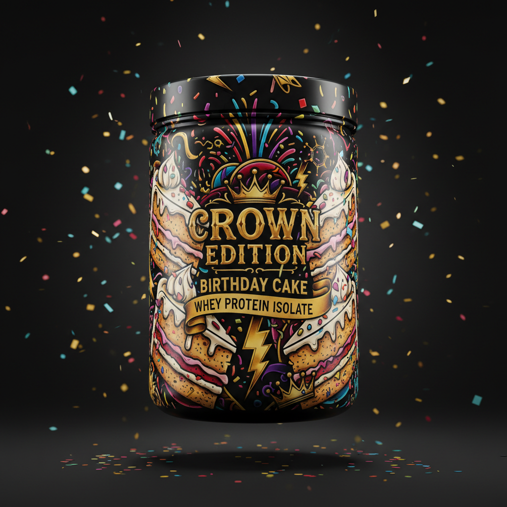TITAN Whey Protein Isolate Birthday Cake — Crown Edition bold tattoo-style artwork