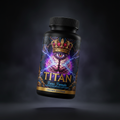 TITAN Focus Formula supplement bottle with brain, lightning bolt and crown tattoo-style Crown Edition artwork in electric purple, blue and gold